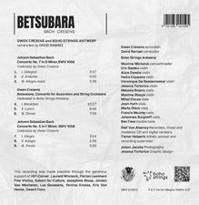 "BETSUBARA BACH • CRESENS. GWEN CRESENS and BOHO STRINGS ANTWERP conducted by DAVID RAMAEL. Johann Sebastian Bach: Concerto No. 7 und 5. Gwen Cresens: Betsubara. Barcode rechts oben."