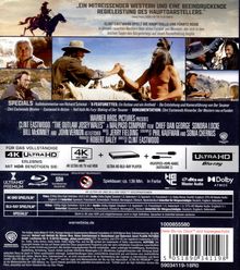 Cover eines Westernfilms mit Clint Eastwood. Mehrere Filmszenen, technische Infos und Logos zu 4K Ultra HD und Blu-ray.