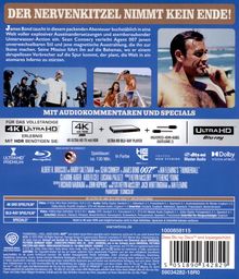 „Der Nervenkitzel nimmt kein Ende!“ Text oben und Bild von Sean Connery als James Bond rechts. Weitere Infos zu 4K UHD.