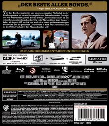 "DER BESTE ALLER BONDS." Roger Ebert, CHICAGO SUN-TIMES. Oben zwei Szenenbilder mit Autos und Personen, Sean Connery rechts.