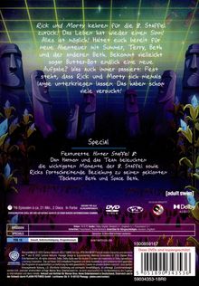 "Rick und Morty kehren für die 8. Staffel zurück! Das Leben hat wieder einen Sinn!" 
Illustration mit Moai-Statuen, Pflanzen.