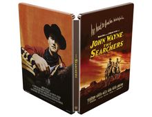 "John Wayne in The Searchers" auf einem DVD-Cover im Western-Stil mit Reiter-Abbildung.