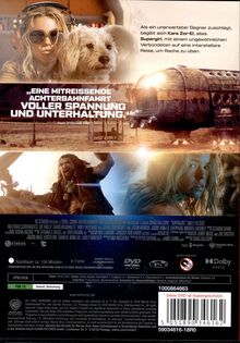 Oben Text: Kara Zor-El, alias Supergirl, interstellare Reise, Rache. Unten: Frau mit Kopfhörern, Hund, Wüstenlandschaft.