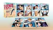 "Elvis" in großer Schrift mit buntem Cover zeigt Filmszenen und Posterkollektion mit Elvis Presley.