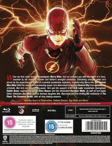 Ein roter Blitz umgibt einen Mann in einem roten Kostüm mit Blitz-Logo auf der Brust. Text beschreibt eine Serie über Barry Allen, den schnellsten Mann. Altersfreigabe: ab 15 Jahren.