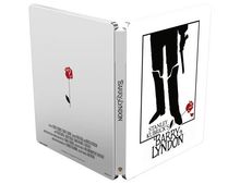 „Barry Lyndon“ auf dem Rücken, stilisierte Figur hält eine Pistole, rote Rose daneben auf hellem Hintergrund.