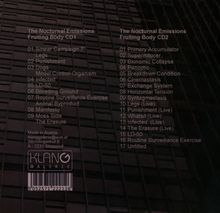Trackliste der Alben "The Nocturnal Emissions: Fruiting Body CD1" und "CD2", viele Titel aufgeführt. Darkes, strukturiertes Design.