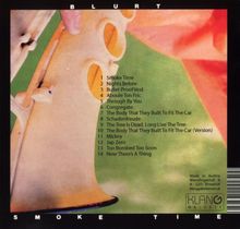 Eine Titelliste auf einem Albumcover. Hintergrund mit abstrakten Formen in Grün- und Orangetönen.