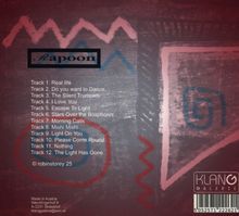 Eine Liste mit Musikstücken unter dem Namen "Rapoon". Hintergrund: Abstrakte Formen in Rosa und Blau.