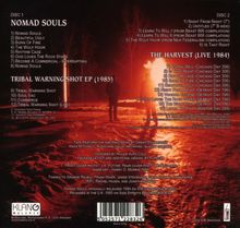 Texts: 

- "Nomad Souls"
- "Tribal Warning Shot EP (1985)"
- "The Harvest (Live 1984)"
- "Klanggalerie"

Das Layout zeigt einen rötlich beleuchteten Waldweg.