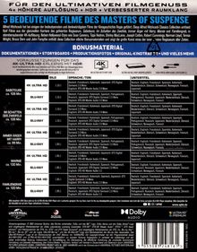 5 bedeutende Filme des Masters of Suspense.  
Tabellarische Auflistung von Filmen und Formaten.  
Bonusmaterial: Dokumentationen, Storyboards.