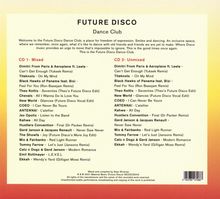 FUTURE DISCO: Dance Club. CD 1 - Mixed und CD 2 - Unmixed Tracklisten mit Künstler- und Songtiteln in zwei Spalten gelistet.