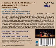 Felix Mendelssohn Bartholdy (1809-1847): Streichquartette Nr.2 &amp; 6 (opp.13 &amp; 80), CD