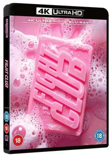 "Fight Club" in großen Buchstaben auf rosa Seife, umgeben von Schaum. Oben steht "4K Ultra HD + Blu-ray".