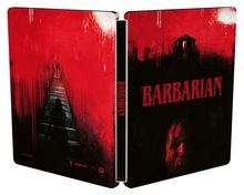 "BARBARIAN" in roter Schrift auf schwarzem Hintergrund, dunkle und düstere Illustrationen mit Haus und Figuren im Schatten.
