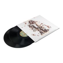 Illustration eines stilisierten Raumschiffes. Zwei schwarze Vinyl-Schallplatten ragen aus einem weißen Cover heraus.