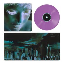 Obere Texte: "executive producer", "mastered by", "shoutout" usw. 
Ein lila Vinyl, ein blau-grünes Porträt und eine Skyline.