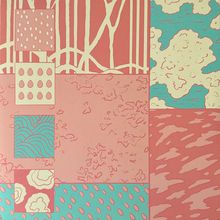 Abstrakte Illustration mit geometrischen Mustern in Rosa, Beige und Blau. Unterschiedliche Texturen und Formen dominieren.