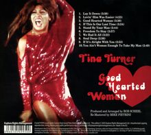 Zehn Liedtitel aufgelistet. "Tina Turner Good Hearted Woman" in rotem Text. Frau in glänzendem rotem Kleid.