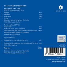 "The Early Years of Eduard Tubin", Trackliste mit Titeln, Spielzeiten, Orchester und Dirigent. Links zwei Logos: "Orchid Classics".
