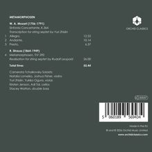 "METAMORPHOSEN. W. A. Mozart: Sinfonia Concertante. R. Strauss: Metamorphosen. Total time: 55.44. Logo: ORCHID CLASSICS."