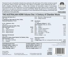 "THE AUSTRALIAN HORN Volume One: A Century of Chamber Music" steht im Zentrum. Oben links befindet sich ein Text über australische klassische Musik. Rechts oben ist ein Logo mit einem stilisierten Horn und dem Text "TOCCATA NEXT". Am unteren Rand befinden sich Kontaktdaten und Hinweise zu Aufnahmen. Links sind Komponisten und Werke aufgelistet.