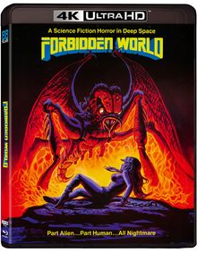 Text: "A Science Fiction Horror in Deep Space. FORBIDDEN WORLD. Part Alien...Part Human...All Nightmare." Illustration: Ein Monster bedroht eine Frau vor glühendem Hintergrund.