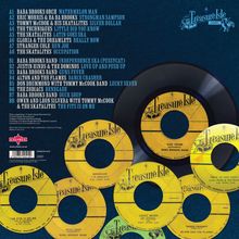 Eine Trackliste mit Songs, darunter "Watermelon Man" und "Gun Fever". Mehrere Schallplatten mit "Treasure Isle"-Logo.