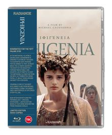 Text: "IPHIGENIA, A FILM BY MICHAEL CACOYANNIS, NOMINATED FOR THE 1977 PALME D’OR." Eine junge Person mit Blumenkranz.
