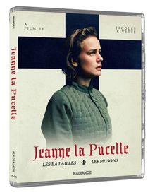 "Jeanne la Pucelle" steht zentral unter einem Kreuz. Eine Frau in historischer Kleidung blickt nach rechts.
