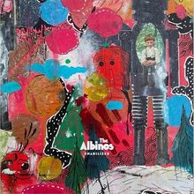 Texte: "The Albinos ENABLIZER". Illustration in leuchtenden Farben mit kindlichem Porträt inmitten abstrakter Formen.