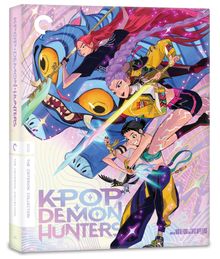 "K-POP DEMON HUNTERS" steht im Vordergrund. Bunte Illustration mit Figuren, die dynamisch posieren, auf einem blauen Tier.