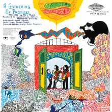"A GATHERING OF PROMISES" ist oben links zu lesen. Unten eine bunte, psychedelische Illustration mit Musikern im Zentrum.