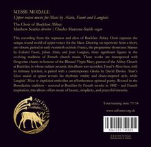 Titel: "MESSE MODALE – Upper voices music for Mass by Alain, Fauré and Langlais". Goldene Schrift auf schwarzem Hintergrund. Unten links ein kreisförmiges, goldenes Logo mit einem Hirsch und einer stilisierten Fontäne.