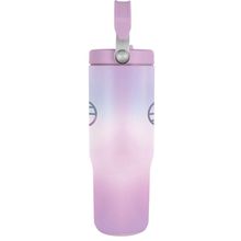 Eine pastellfarbene Trinkflasche, violett verblassend, mit einem lila Deckel und einem silbernen Tragegriff.