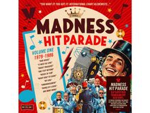 "Madness Hit Parade", "Volume One 1979-1986", Auflistung bekannter Songs, illustrativ, fröhliche Figuren in blauen Anzügen.