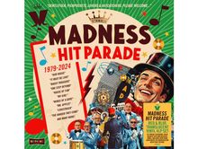 "Madness Hit Parade 1979-2024" mit Liedtiteln und fröhlichen Musikern in Anzügen, animiert und dynamisch dargestellt.