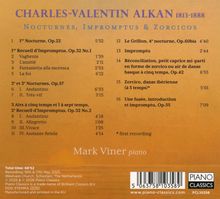 Text: "CHARLES-VALENTIN ALKAN 1813-1888. Nocturnes, Impromptus & Zoricos." Gelbes Hintergrundbild mit Musiktiteln und Zeiten.