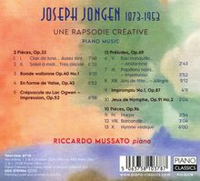 "Joseph Jongen 1873-1953, Une Rapsodie Créative, Piano Music. Riccardo Mussato piano. Bunte, wolkige Hintergründe."
