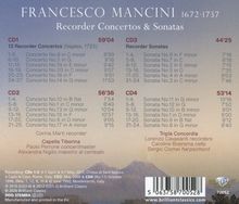 Text: "FRANCESCO MANCINI 1672-1737, Recorder Concertos & Sonatas." Aufteilung in CDs mit Titeln und Zeiten. Unten ein sanftes Landschaftsbild.