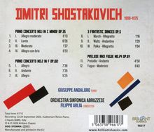 DMITRI SHOSTAKOVICH, 1906-1975. Musikstücke mit Titeln, Künstlern und Zeitangaben. Geometrische Formen sind unten rechts.