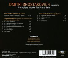 "Dmitri Shostakovich Complete Works for Piano Trio" listet Werke, Musiker (Trio Kanon), Laufzeiten. Schwarzer Hintergrund.