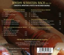 "JOHANN SEBASTIAN BACH 1685-1750. CONCERTOS, INVENTIONS & MOTETS FOR RECORDER ENSEMBLE. Brandenburg Concertos, Two voices Inventions, Motet, Three voices Inventions, Sinfonia." Im Hintergrund ein Flötendetail.