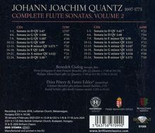"JOHANN JOACHIM QUANTZ 1697-1773 COMPLETE FLUTE SONATAS, VOLUME 2" steht oben, darunter Tracklisten für zwei CDs. Enthalten sind die Namen der Künstler Benedek Csalog, Dóra Pétery & Fanni Edöcs, sowie die Logos von Haydneum, dem Prime Minister's Office und der Bethlen Gábor Alapkezelő Zrt. Links unten Aufnahmeorte und -daten, rechts das Brilliant Classics Logo und der Barcode.