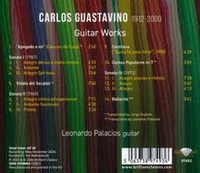 "Carlos Guastavino 1912-2000 Guitar Works" und "Leonardo Palacios guitar". Bunte, streifenförmige Hintergrundillustration.