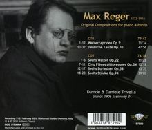 Max Reger, 1873-1916. Original Compositions for piano 4-hands. CDs mit Stücken und Laufzeiten. Schwarz-weiß Porträt links.