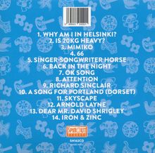 Trackliste mit 14 Titeln auf blauem Hintergrund, dekoriert mit weißen Tier- und Naturmotiven. Oben ein Barcode.