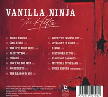 "VANILLA NINJA The Hits", Titelliste: 15 Songs mit Titeln und Zeitangaben. Hintergrund in Rot mit Texturen.