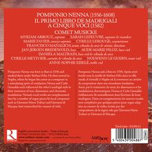 Ein Albumcover mit Texten über Pomponio Nenna, ein italienischer Komponist, und seine Werke. Künstler und Instrumente sind aufgelistet.
