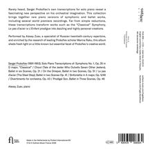 Texte beschreiben Prokofjews Klaviertranskriptionen symphonischer Werke, aufgeführt von Alexey Zuev. Links unten ein Logo.